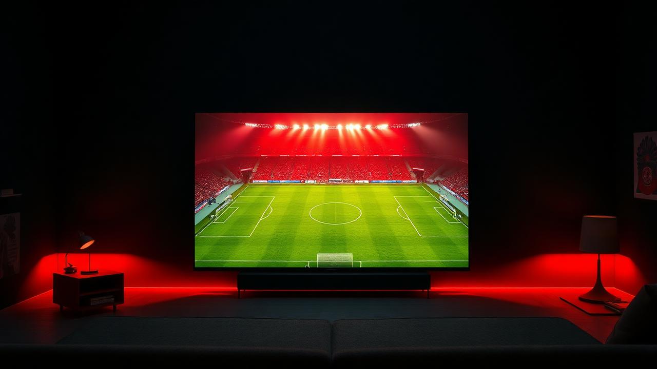 Estádio de futebol exibido em TV 4K com iluminação vermelha