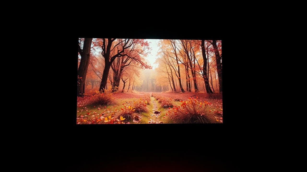 Tela 4K exibindo paisagem em ultra alta definição com ambiente escuro