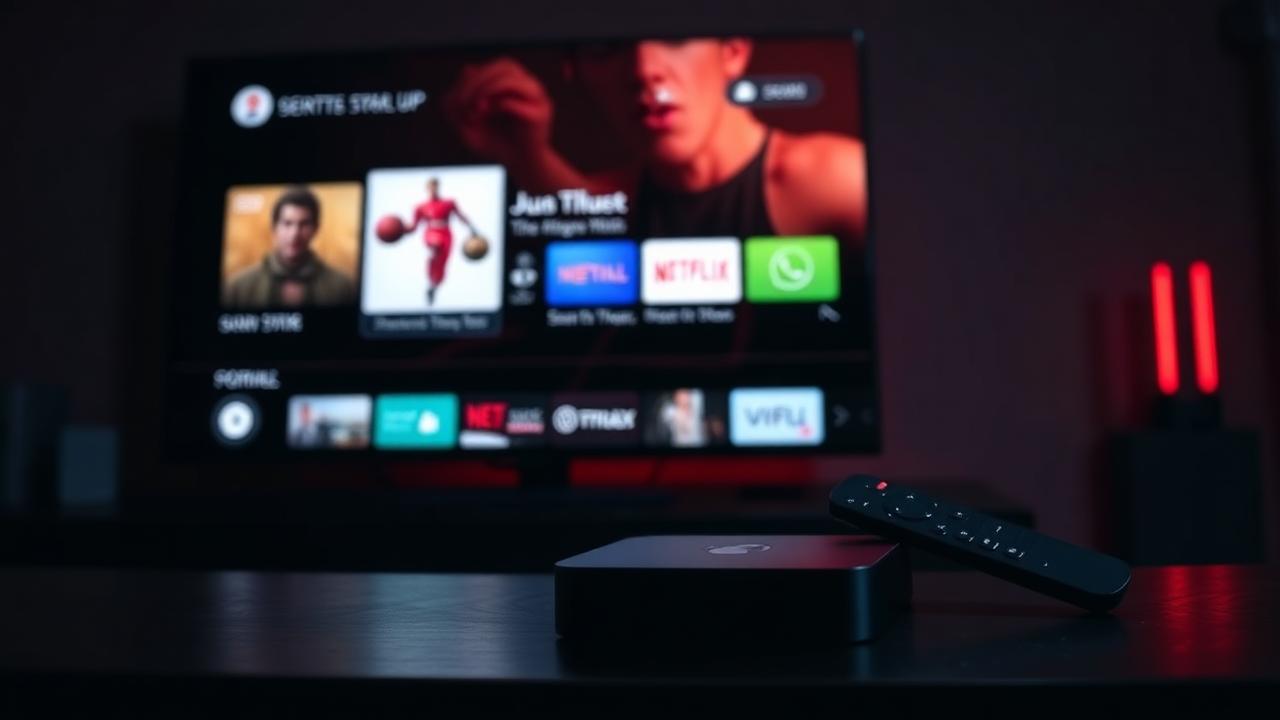 TV Box Android com controle remoto ao lado de TV moderna