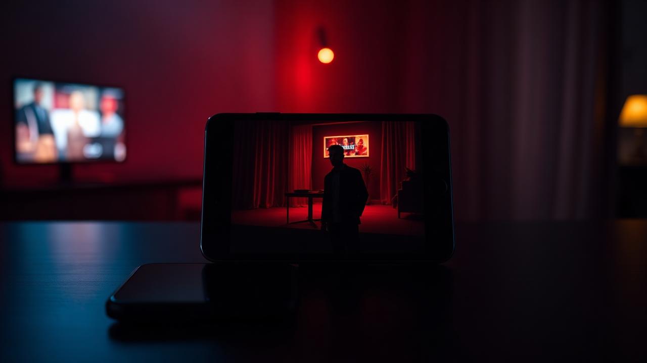 iPhone exibindo streaming de filme em ambiente cinematográfico