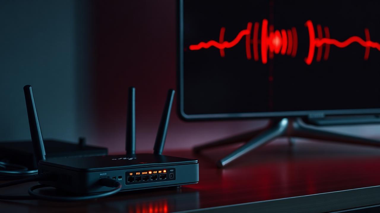 Roteador Wi-Fi com ondas de sinal vermelhas ao lado de TV