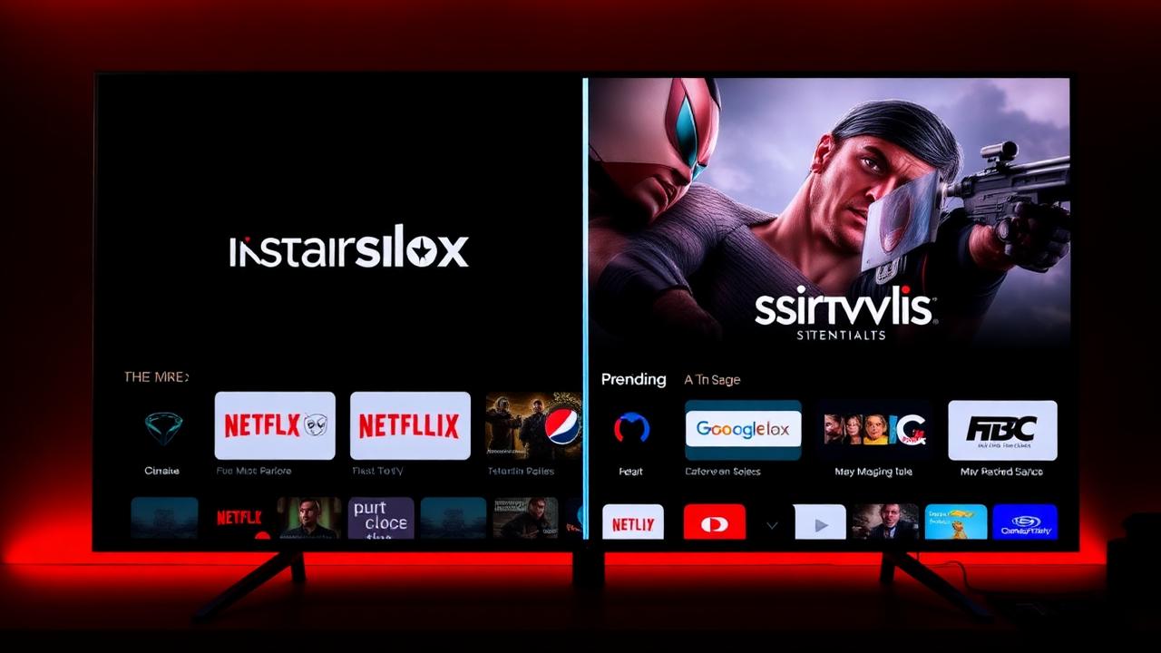 Comparação lado a lado de interfaces de serviços de streaming em TV