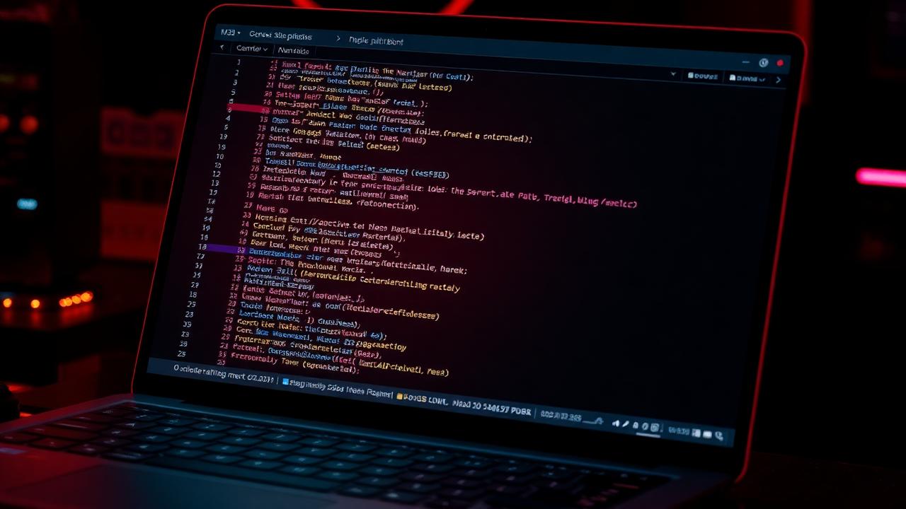 Notebook exibindo código de lista M3U em ambiente com iluminação vermelha