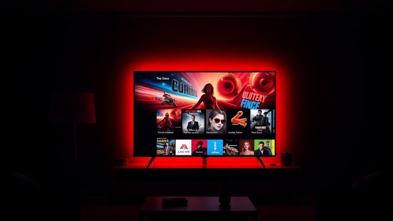 TV moderna exibindo interface de streaming com iluminação vermelha cinematográfica